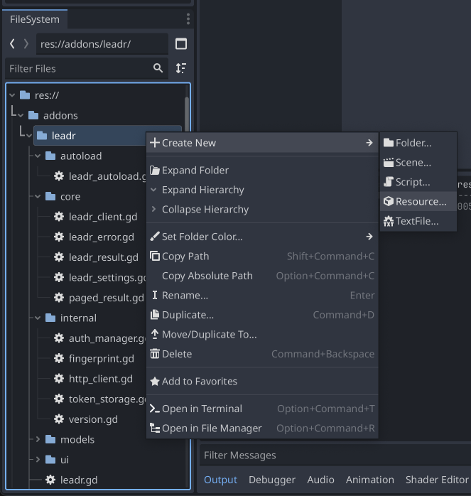 The Create New Resource menu