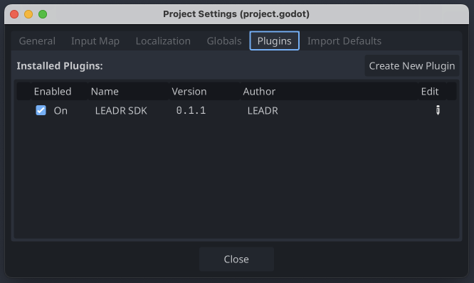 The "Installed Plugins" dialog in the Godot editor