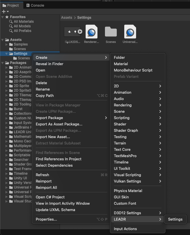 The "Create > LEADR > Settings" menu