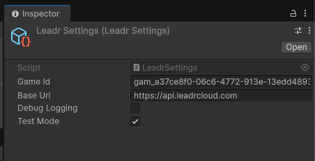 The LeadrSettings asset in the inspector panel