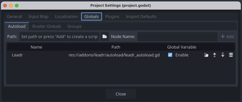 The Autoload tab in the Project Settings dialog