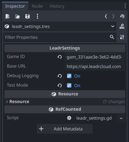LeadrSettings in the Inspector panel