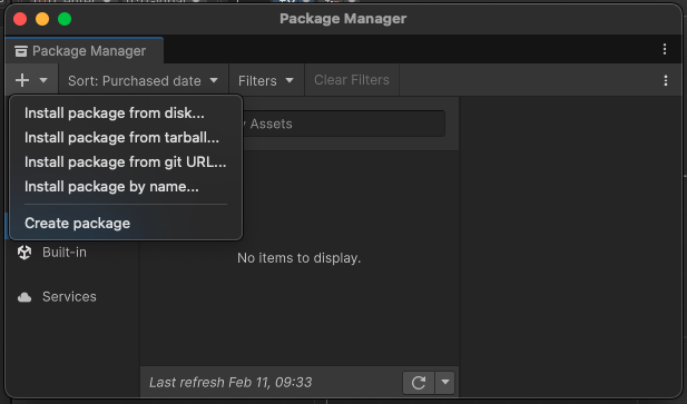 The Package Manager dialog showing "Install package from git URL..." option