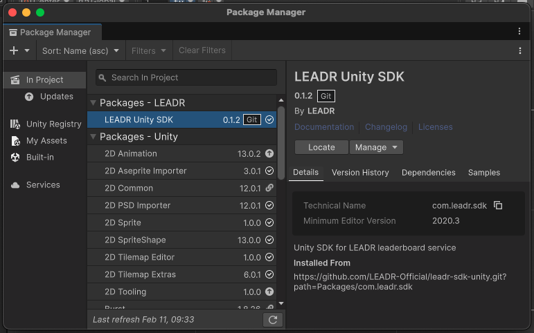 The Package Manager dialog showing the LEADR SDK installed
